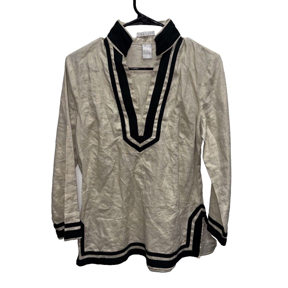 Tweeds Linen Tunic V Neck Top S Beachy Poolside Resort Wear Vacation Popover Tan